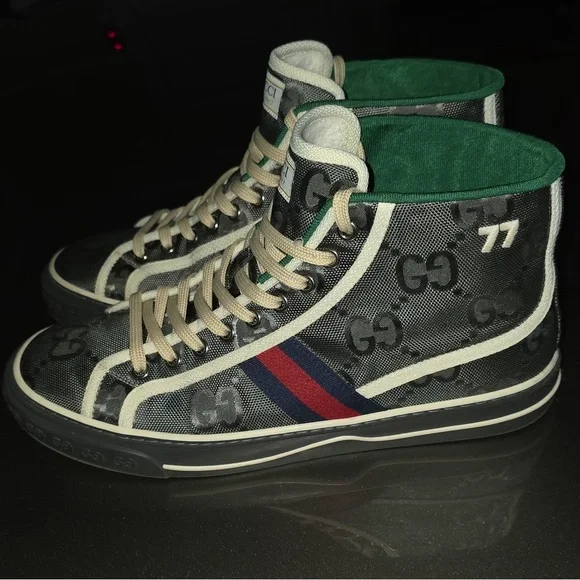 Gucci Tennis 1977 High Top Sneakers Black White Logo Canvas EU 43 Lace Up